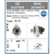 RE20104071OE ALTERNATORE MARELLI NUOVO  12V 140Amp PFR6 63377005 FIAT ALFA ROMEO LANCIA 1.9 JTD - MULTIJET 73501591  63377005  SUZUKI	31400-79J00